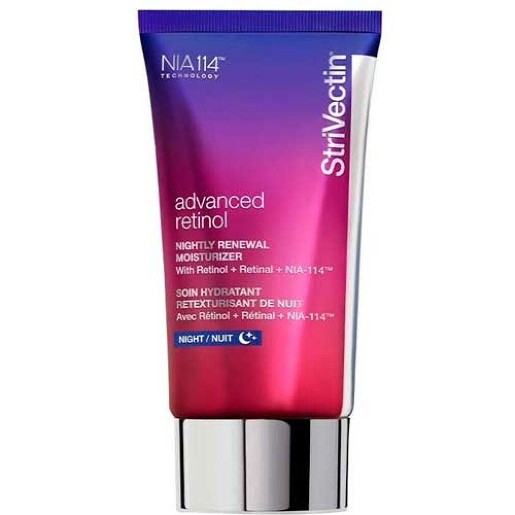 Tubo "Strivectin Advanced Retinol Nightly Renewal Moisturizer". Sfumatura viola-rossa, tappo argento, testo.