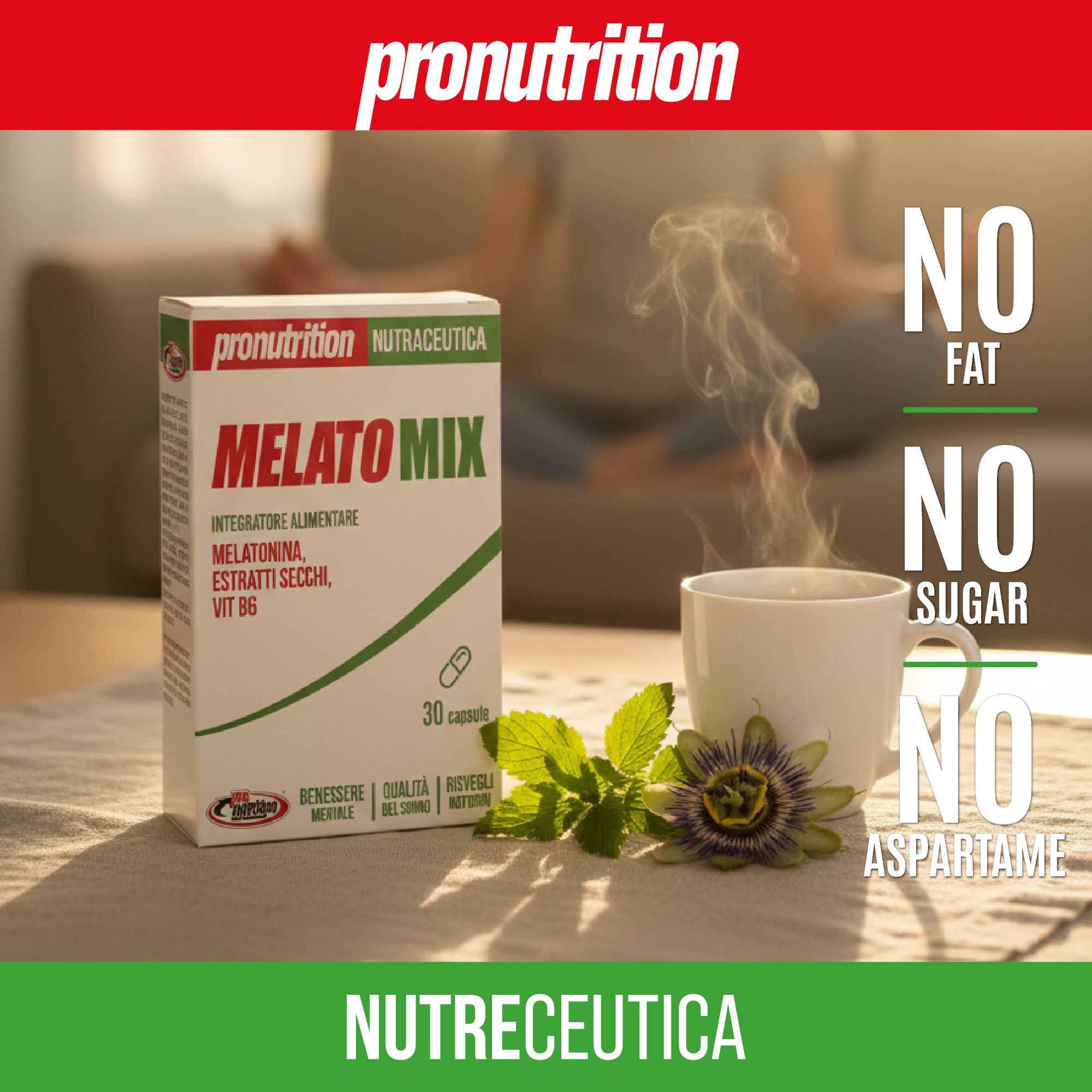 Scatola del prodotto con scritta Melatomix. 30 capsule. Accanto a tazza di tè, menta e fiore. Senza aggiunte: grassi, zuccheri, aspartame. Contiene Melatonina, Estratti Secchi, Vit B6.