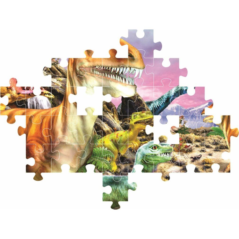 Puzzle di dinosauri assemblato. Singoli pezzi formano un'immagine di dinosauri in un paesaggio.