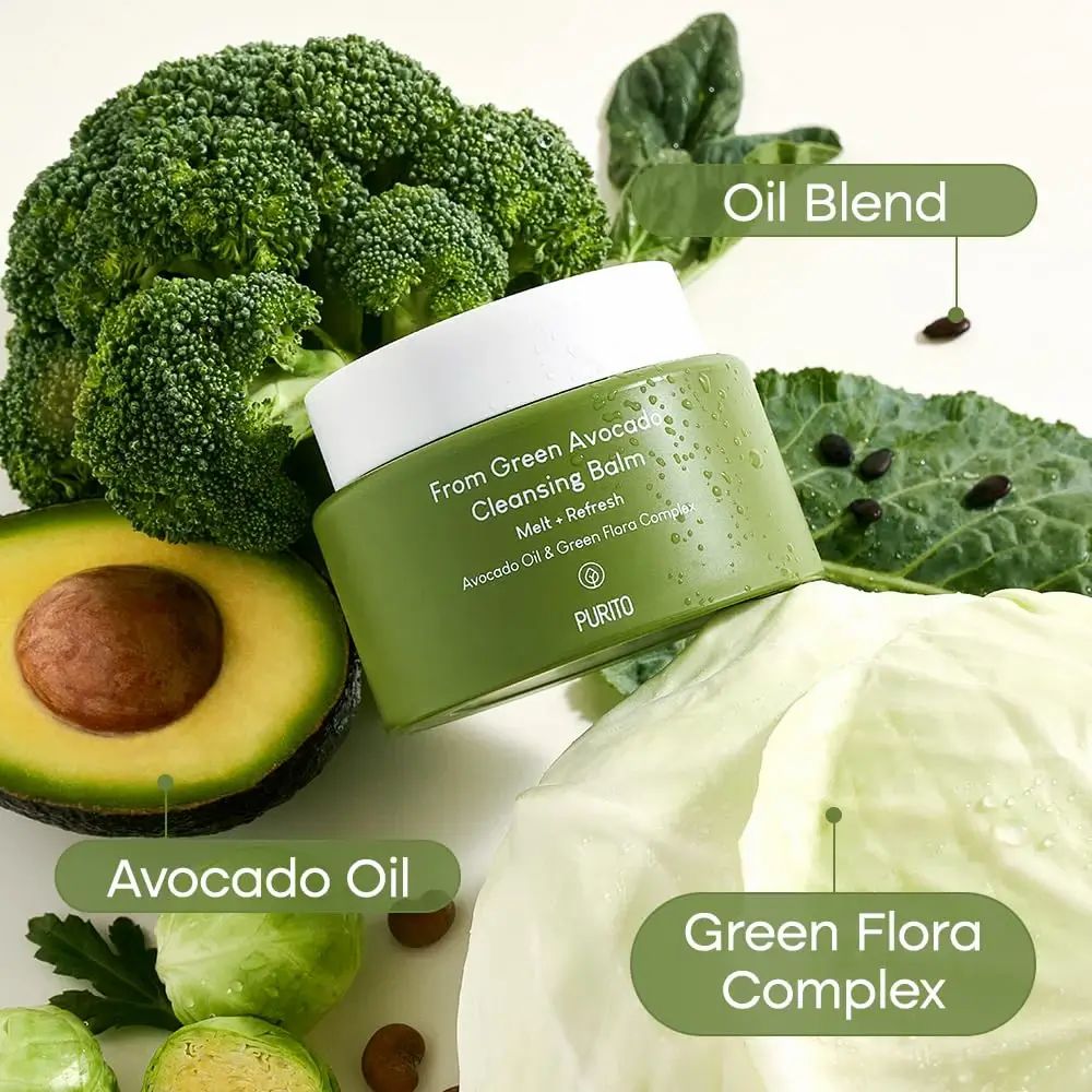 Vasetto verde con avocado, broccoli, cavolo e semi. Scritta: From Green Avocado Cleansing Balm. Marchio: PURITO. Testo: Avocado Oil, Oil Blend, Green Flora Complex.