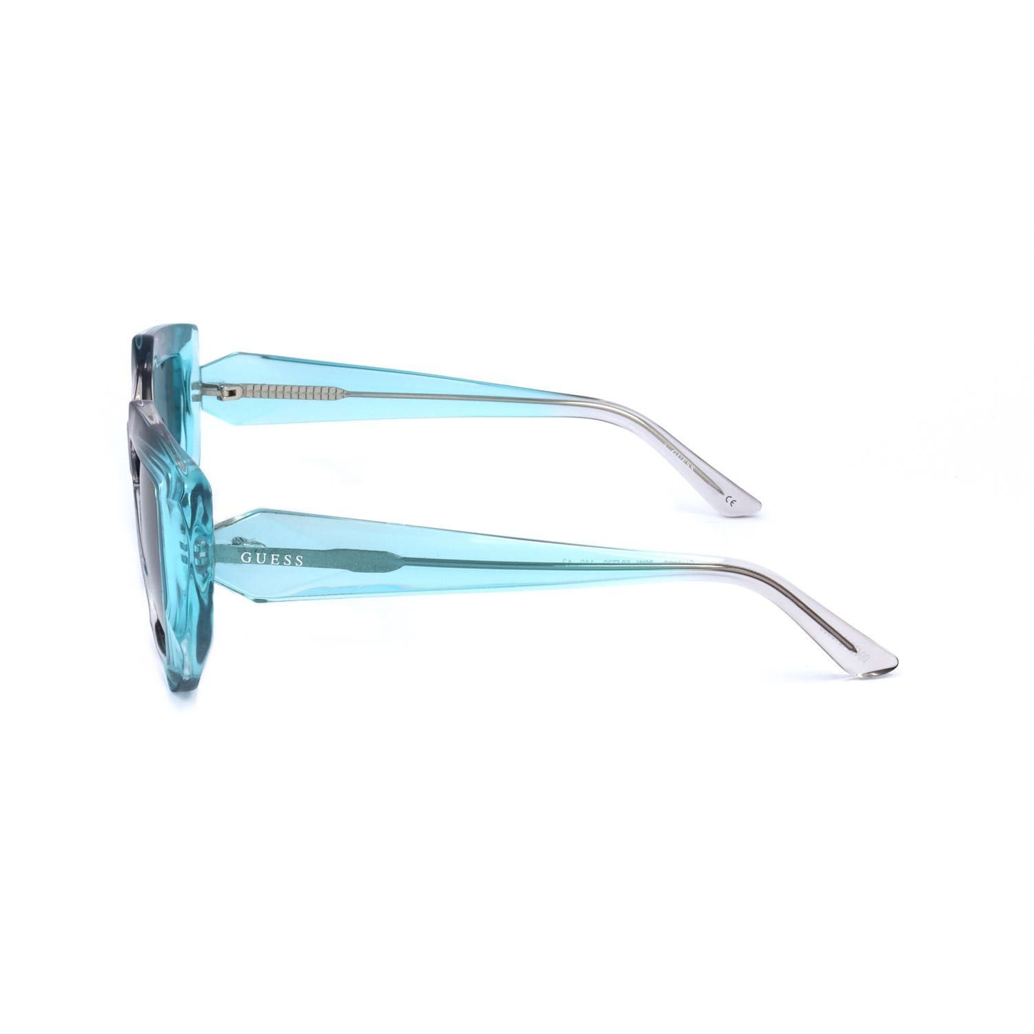 Occhiali da sole Guess blu con montatura trasparente e aste argentate.