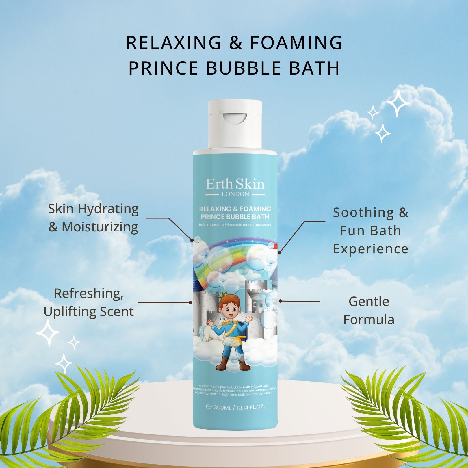 Flacone azzurro chiaro con tappo bianco. Etichetta con principe, arcobaleno e castello. Testo: ErthSkin London, Prince Bubble Bath. Scritte.