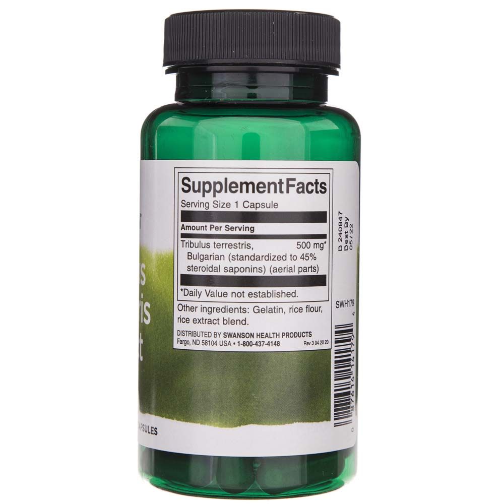 Retro di una bottiglia di capsule verdi con informazioni nutrizionali, Tribulus Terrestris Extract 500 mg, e ingredienti.