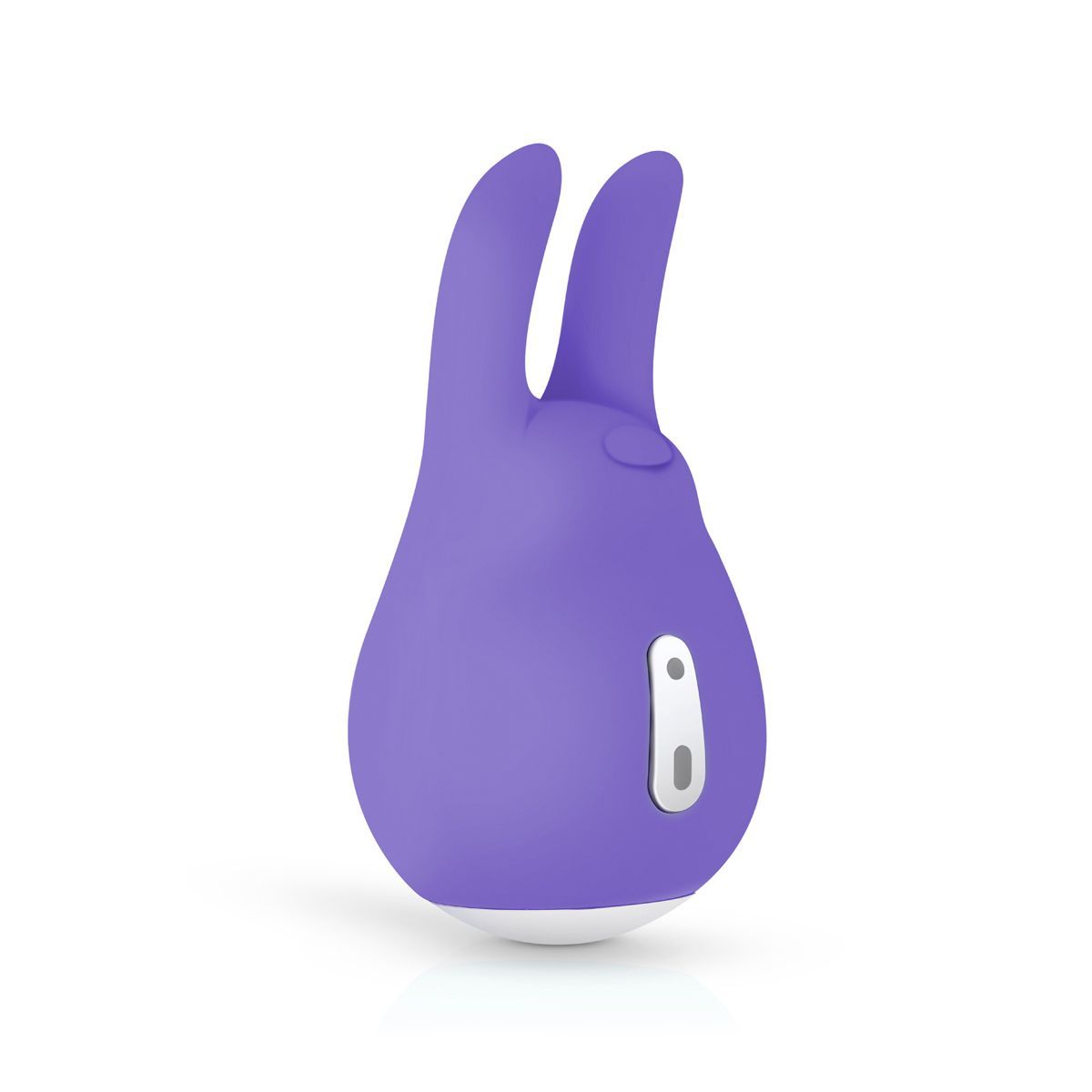 Vibratore viola a forma di coniglio. Forma: a goccia. Con pulsante e base bianca.