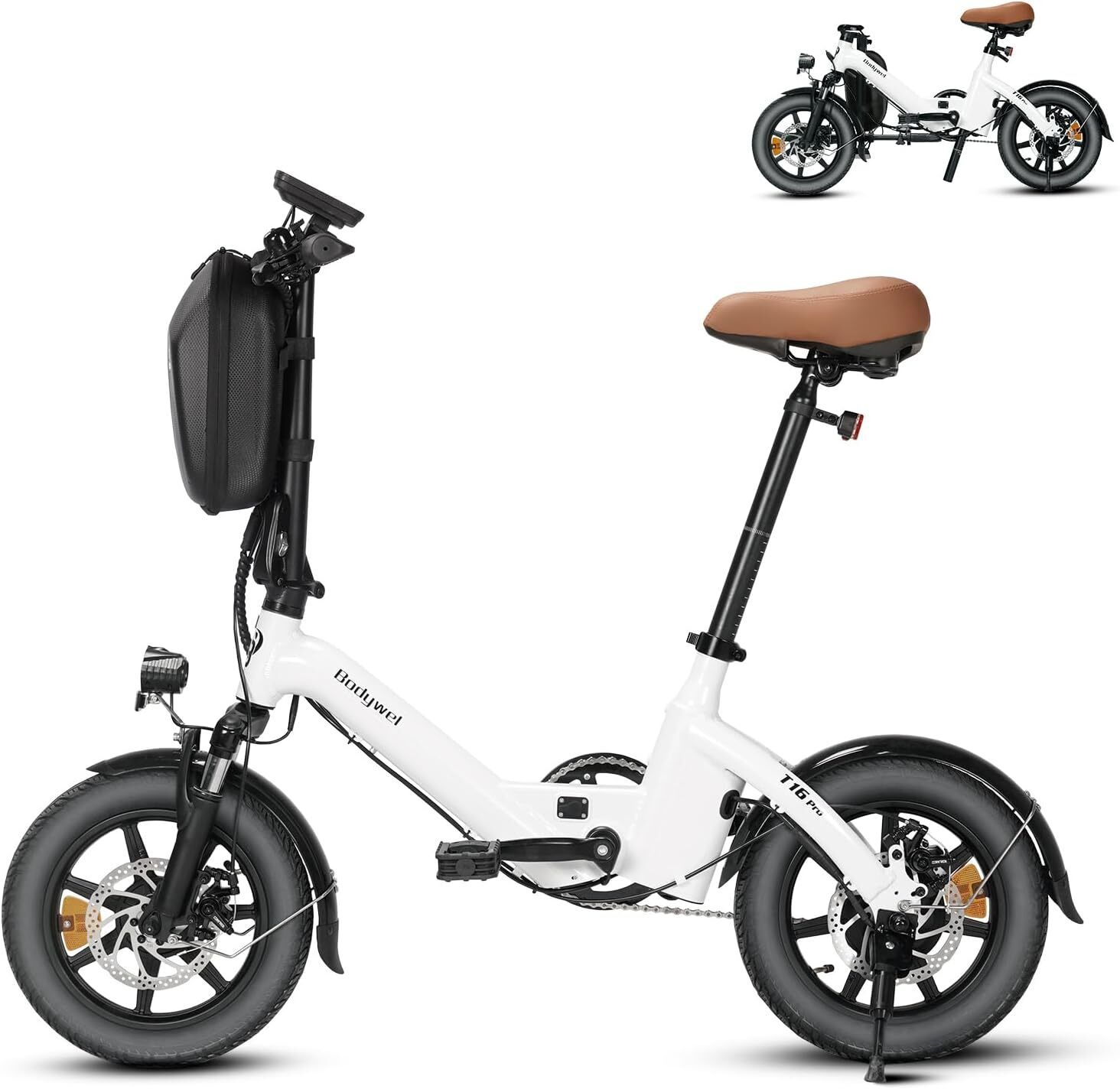 Bicicletta elettrica pieghevole bianca. Pneumatici neri, sella marrone. Scritte "Bodywel" e "T16 Pro".