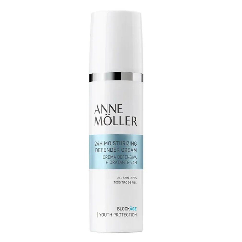 Flacone di crema bianco con anello argentato. Testo: Anne Moller, 24h Moisturizing Defender Cream.
