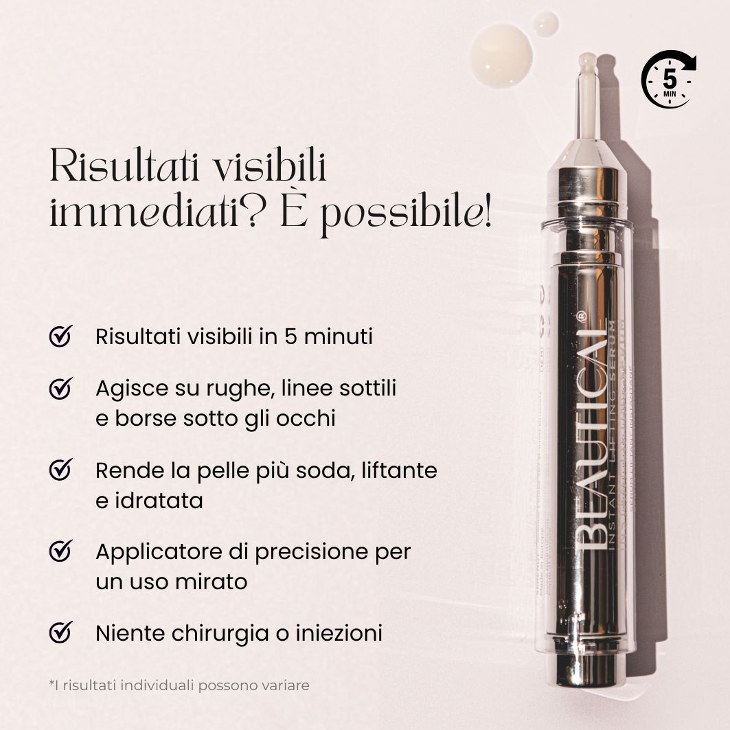 Flacone di siero con testo. Scritta: BEAUTICAL Instant Lifting Serum.