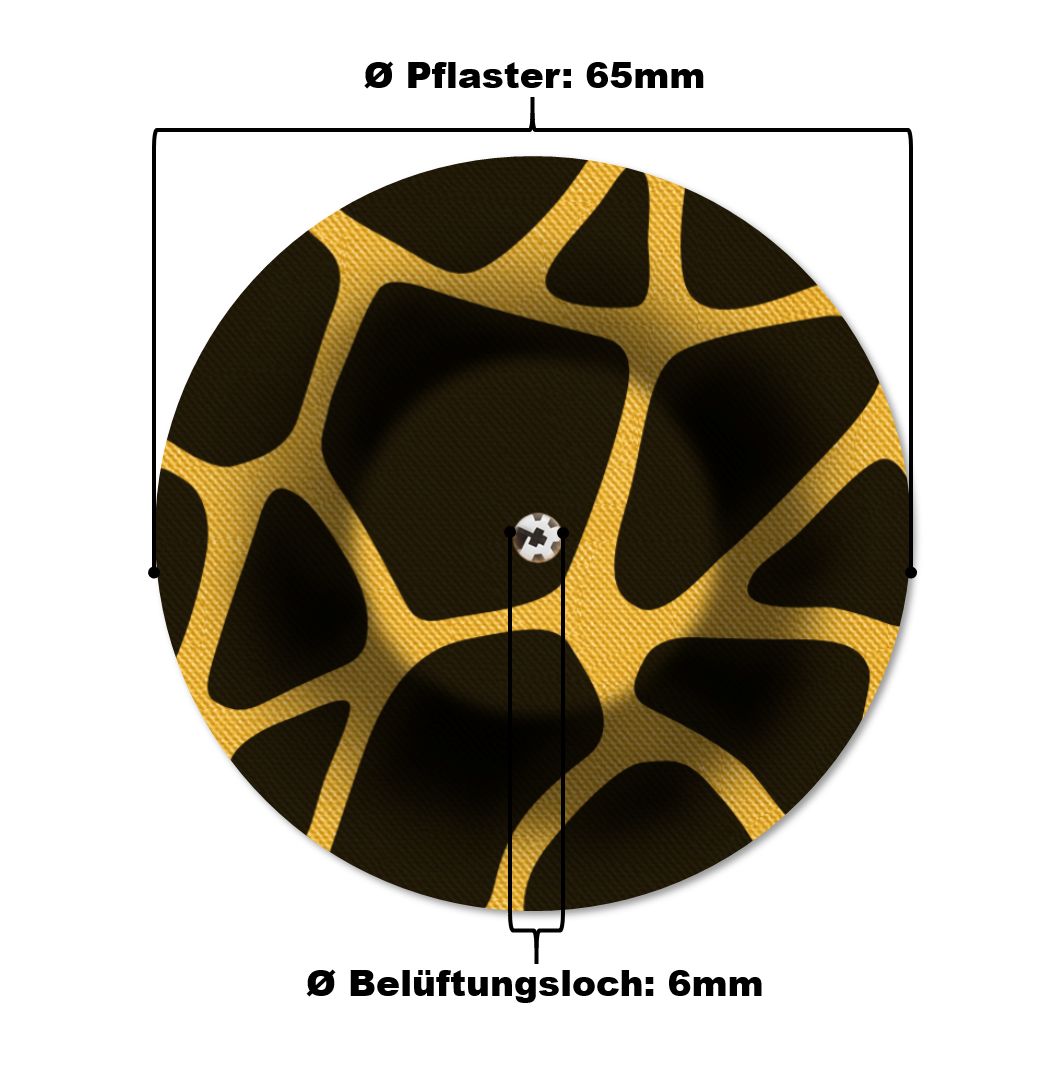 Cerotto di fissaggio rotondo con foro di ventilazione, motivo giraffa. Diametro 65mm, foro 6mm.
