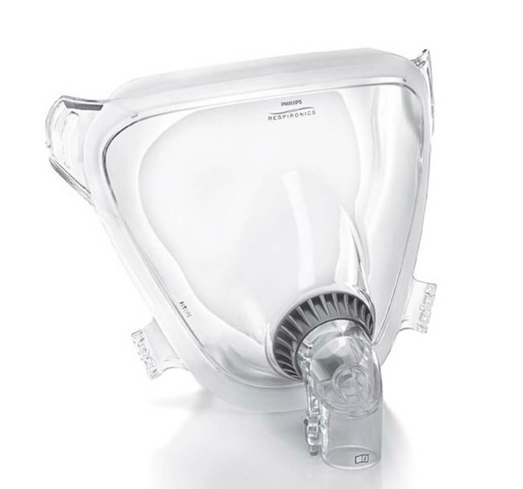 Maschera CPAP Philips, FitLife, a pieno facciale, parte anteriore trasparente con connettore grigio.