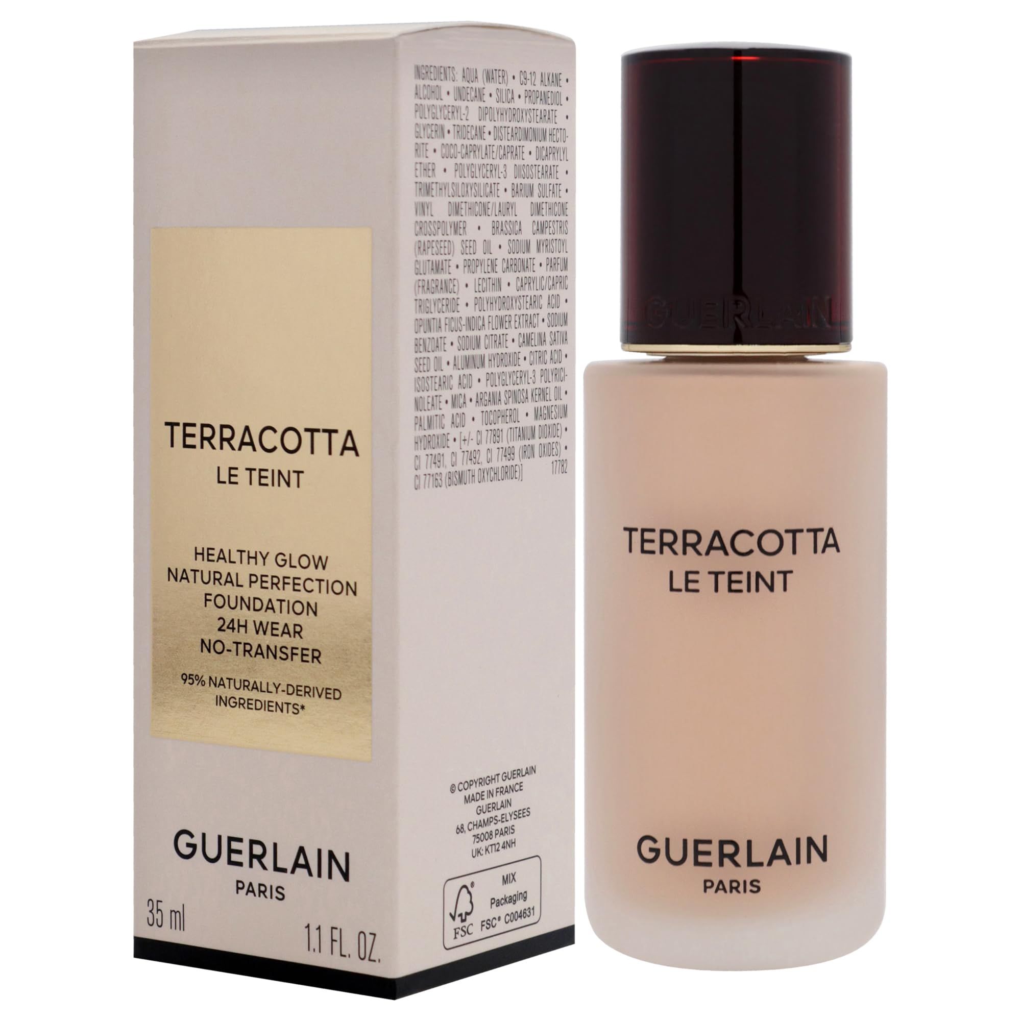 Flacone con tappo e confezione. Scritta: Terracotta Le Teint, Healthy Glow Foundation, 24H Wear, No-Transfer. Marchio: Guerlain.