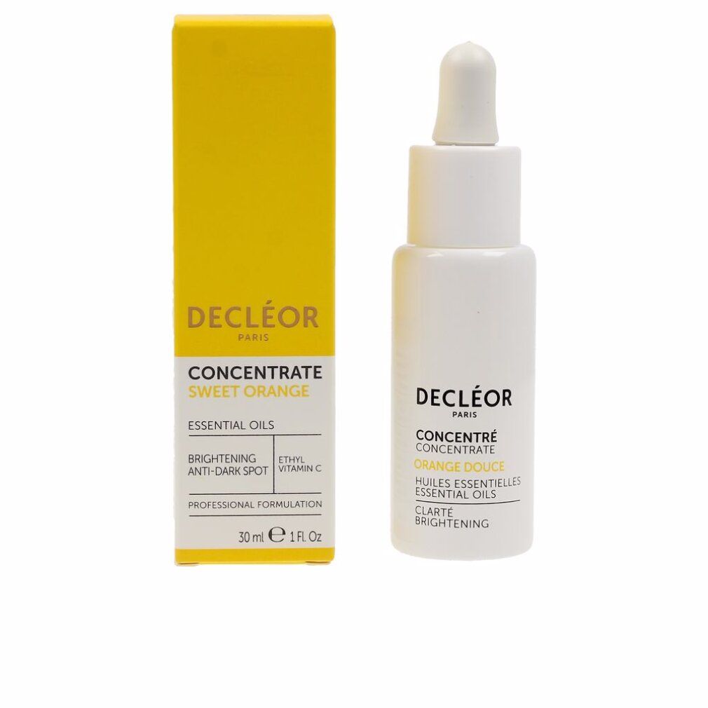Flacone bianco e scatola gialla. Scritta: Decleor, Concentré Sweet Orange, Essential Oils, 30ml, 1 fl oz.