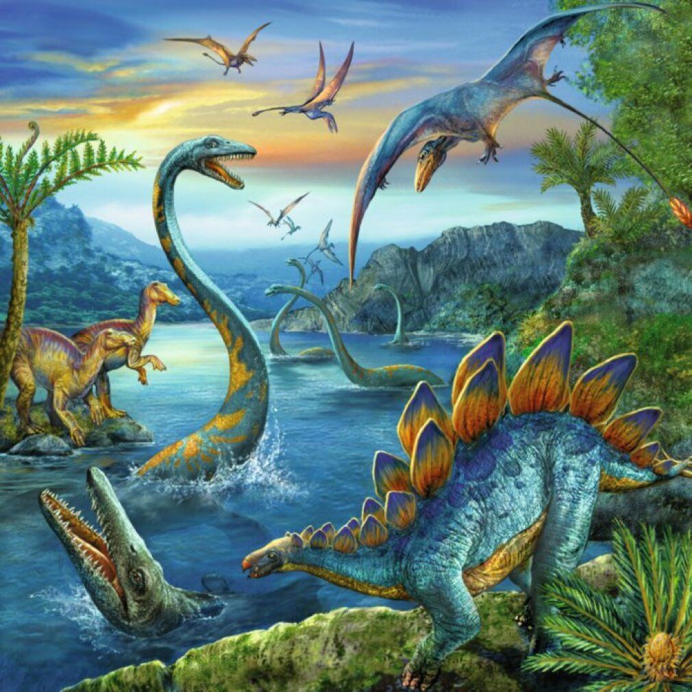 Un gruppo di dinosauri, inclusi stegosauri e pterosauri, in un paesaggio preistorico con acqua e vegetazione.