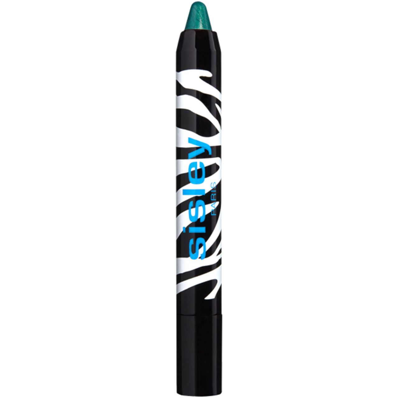 Matita Sisley Phyto-Eye Twist. Tappo nero, motivo zebrato, testo blu. Tonalità verde visibile.