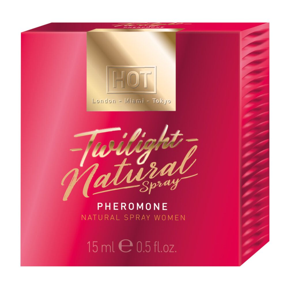 Scatola rossa con scritta dorata: Twilight Natural Spray, Feromoni. 15 ml. Superficie scanalata.