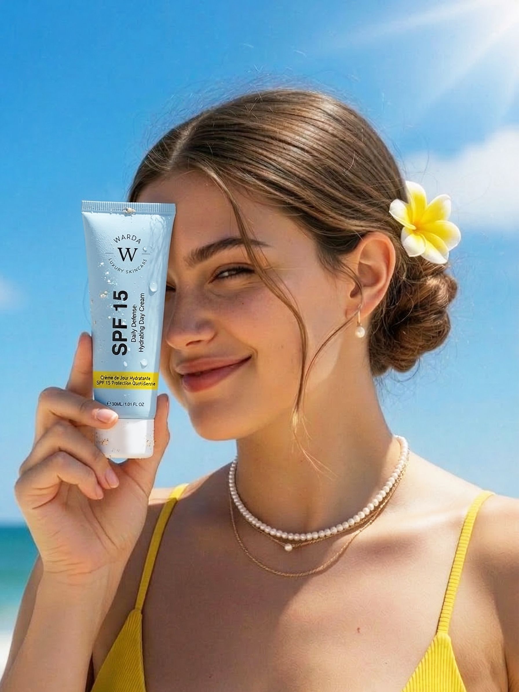 Donna tiene un tubo azzurro. Scritta: Warda, SPF 15, Daily Defense, Hydrating Day Cream. Striscia gialla. Sfondo: spiaggia.