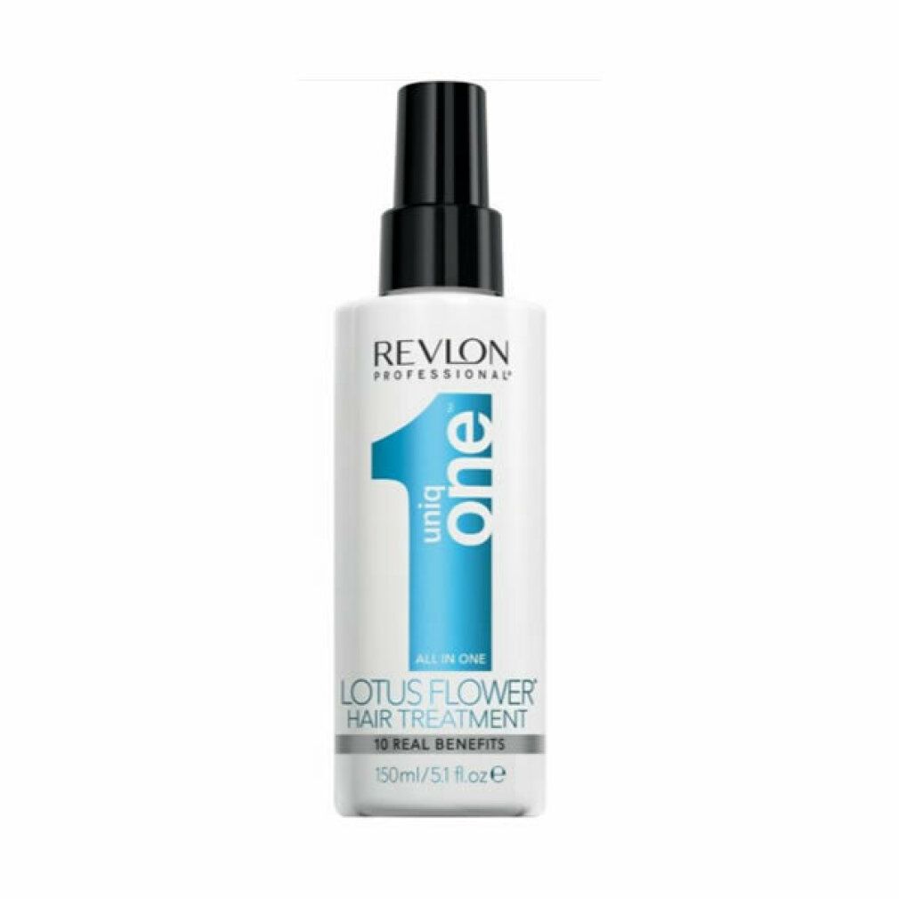 Revlon Uniq One Lotus Flower Hair Treatment. Flacone bianco con erogatore nero. Logo blu e informazioni prodotto.