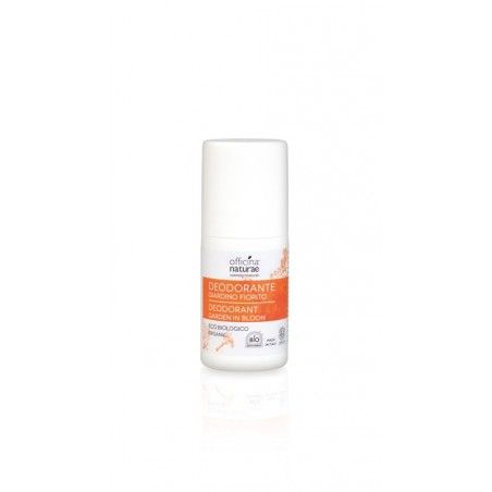 Deodorante roll-on bianco con etichetta arancione. Testo: "Officina Naturae", "Deodorante Giardino fiorito", "Eco biologico".