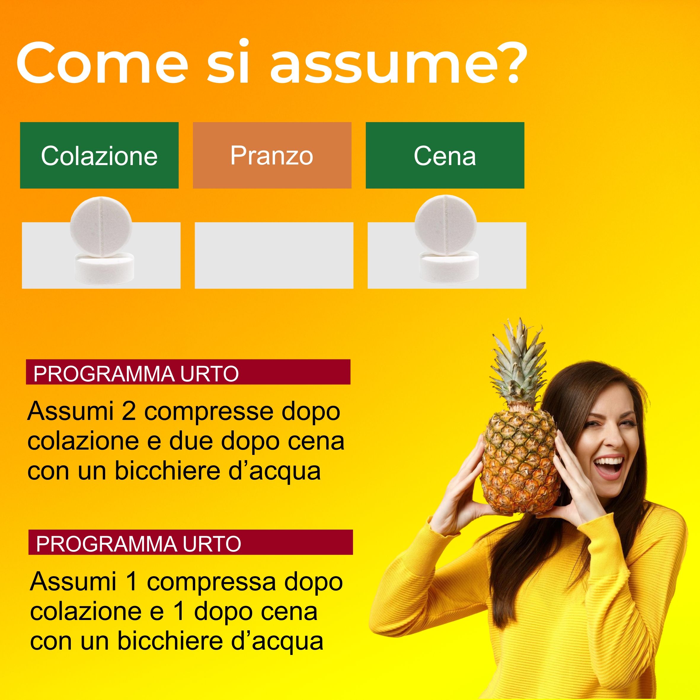 Donna tiene un ananas, accanto a fette di ananas a forma di cuore. Testo: 'Come si assume?'