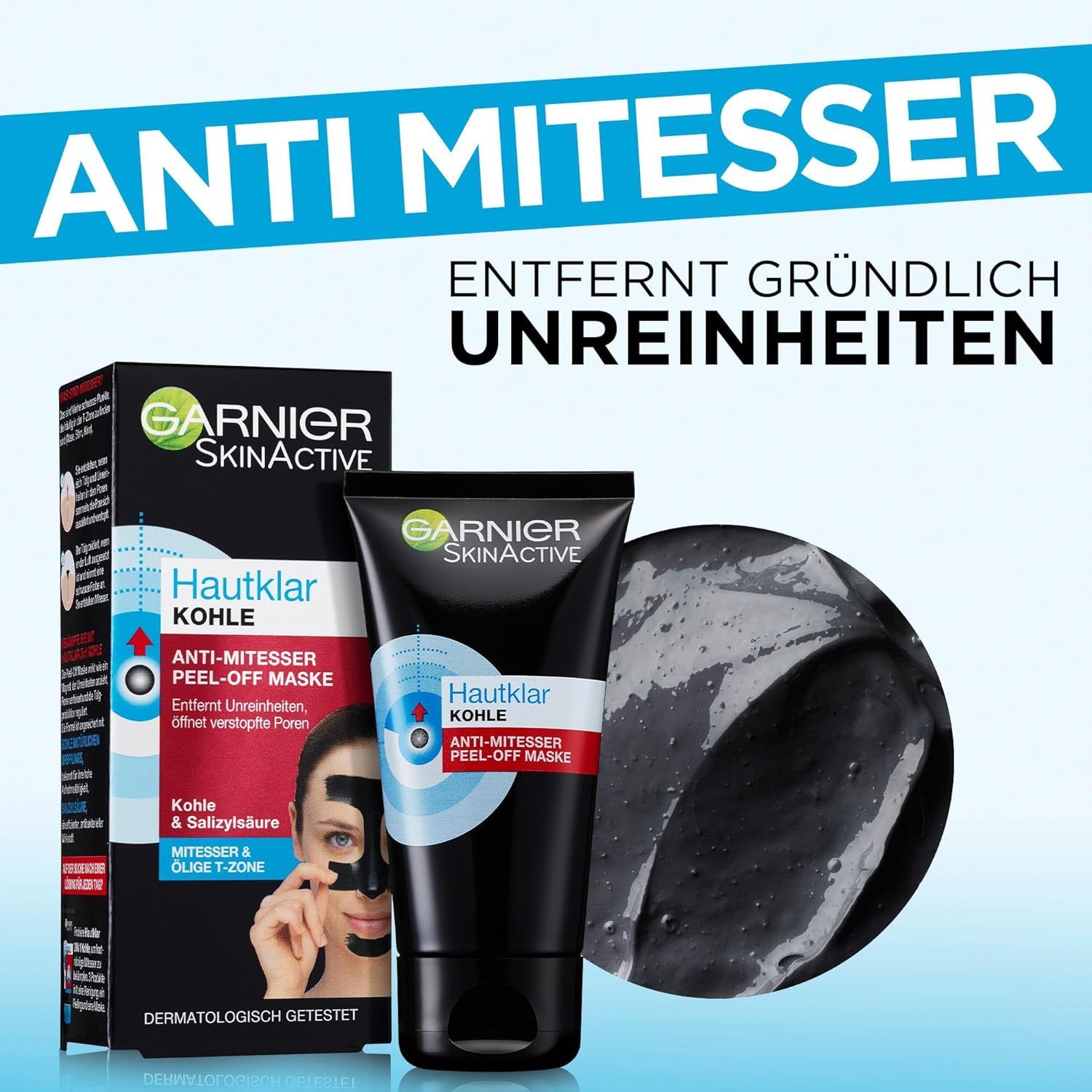 Garnier SkinActive Hautklar Kohle Maschera peel-off anti-punti neri. Prodotto e confezione. Donna con maschera sul viso.