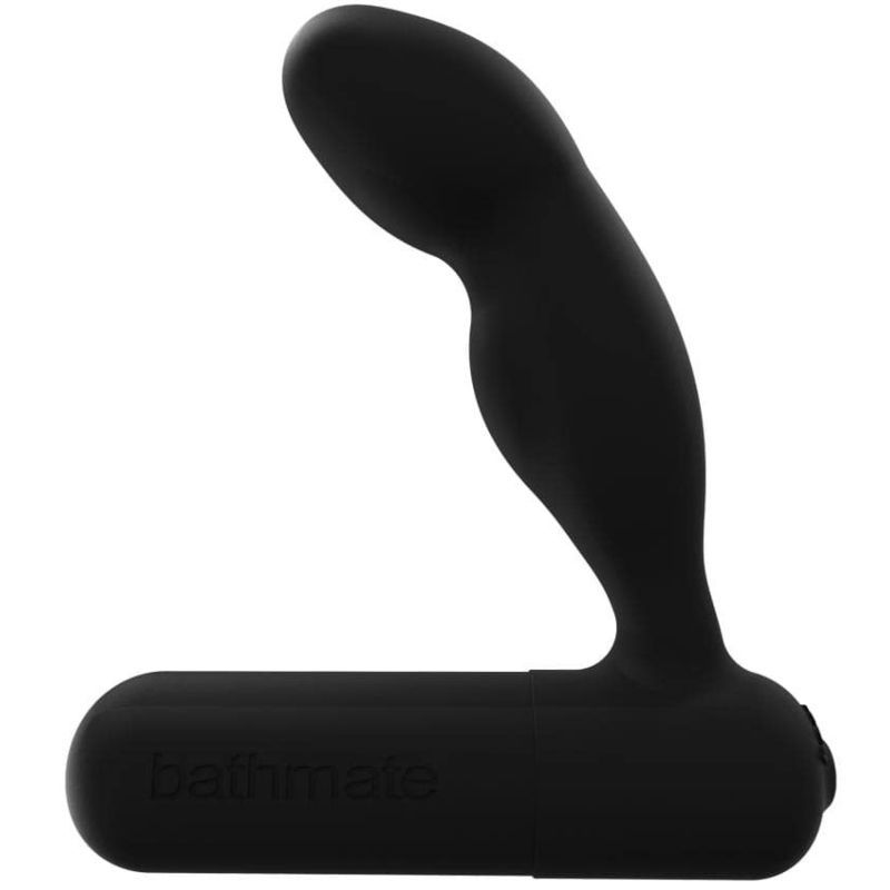 Vibratore prostatico nero con stelo curvo e base piatta, con logo del marchio.