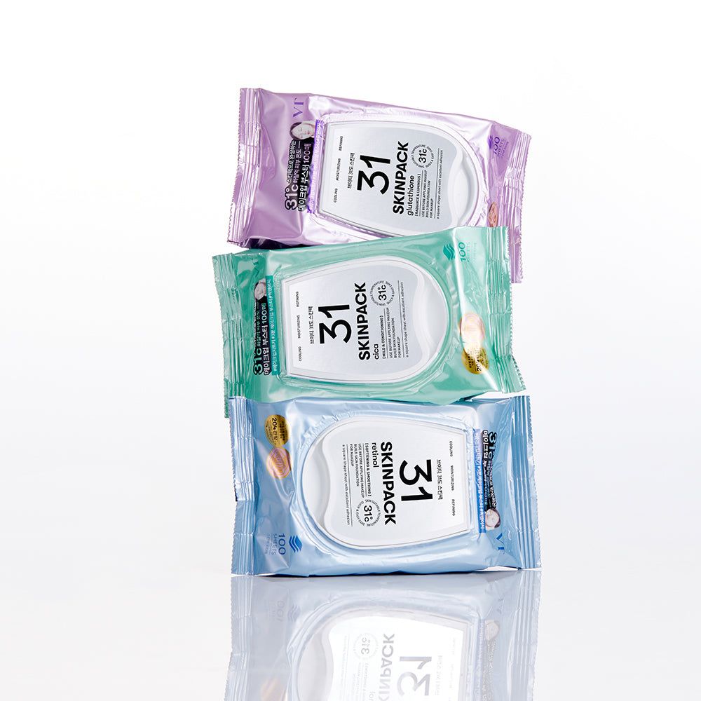 Pila di salviettine VT Cosmetics Cica Skin Pack di diversi colori.