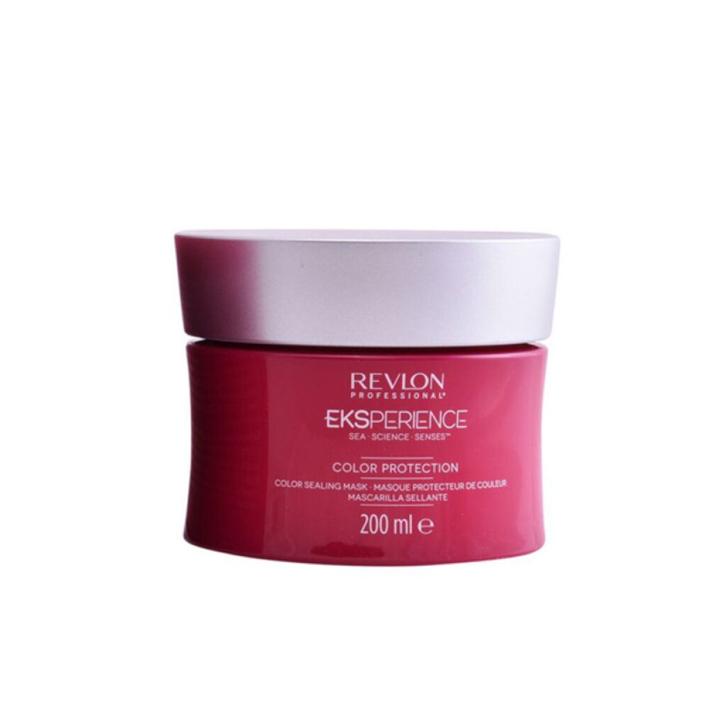 Vaso rosso con coperchio argentato. Scritta: Revlon Eksperience Color Protection. 200 ml.