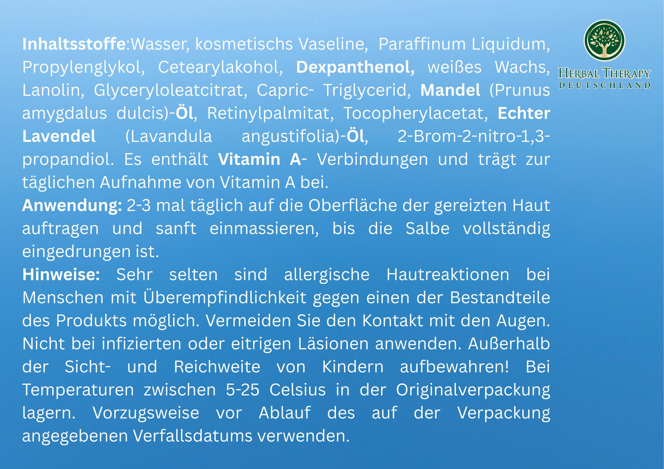 Testo con ingredienti e istruzioni per l'uso di Herbal Therapy Dexpanthen Plus. Contiene vitamina A e olio di lavanda.