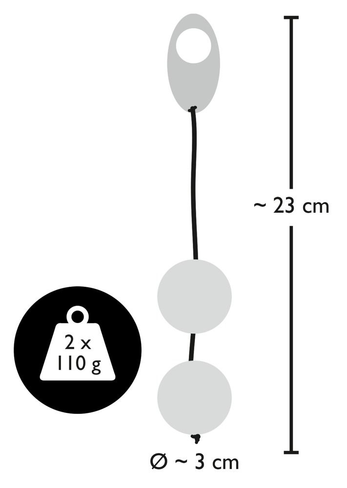Rappresentazione grafica: due sfere collegate da un cordino, con manico. Dimensioni: 23 cm di lunghezza, 3 cm di diametro. Peso: 2 x 110g.