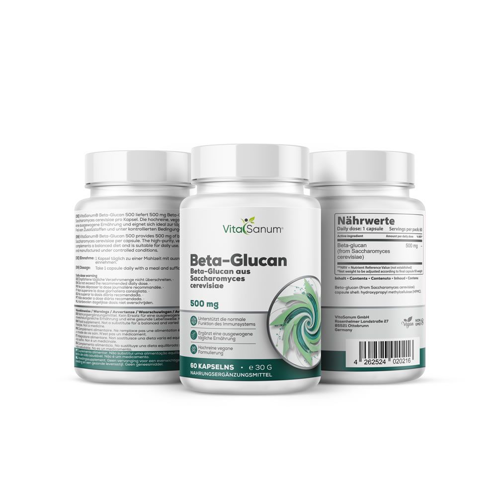 Tre barattoli di capsule VitaSanum Beta-Glucan, 500 mg. Un barattolo in primo piano, altri due leggermente dietro.