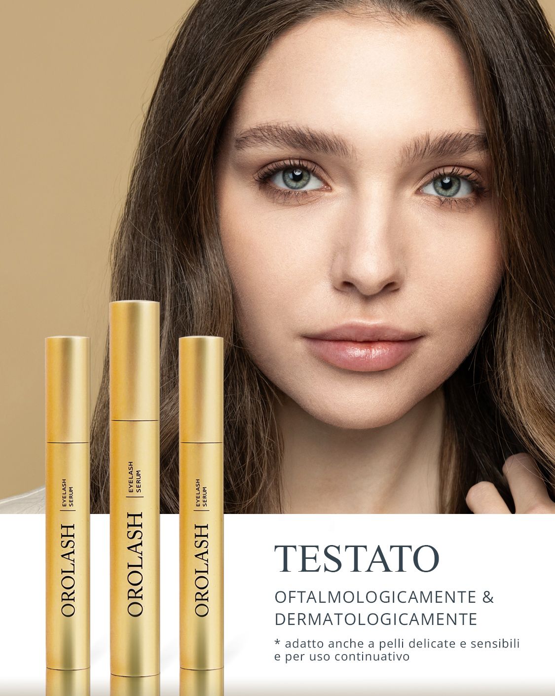Tre flaconi dorati con nome del prodotto e testo. Volto di donna sullo sfondo. Testo: Testato Oftalmologicamente & Dermatologicamente.
