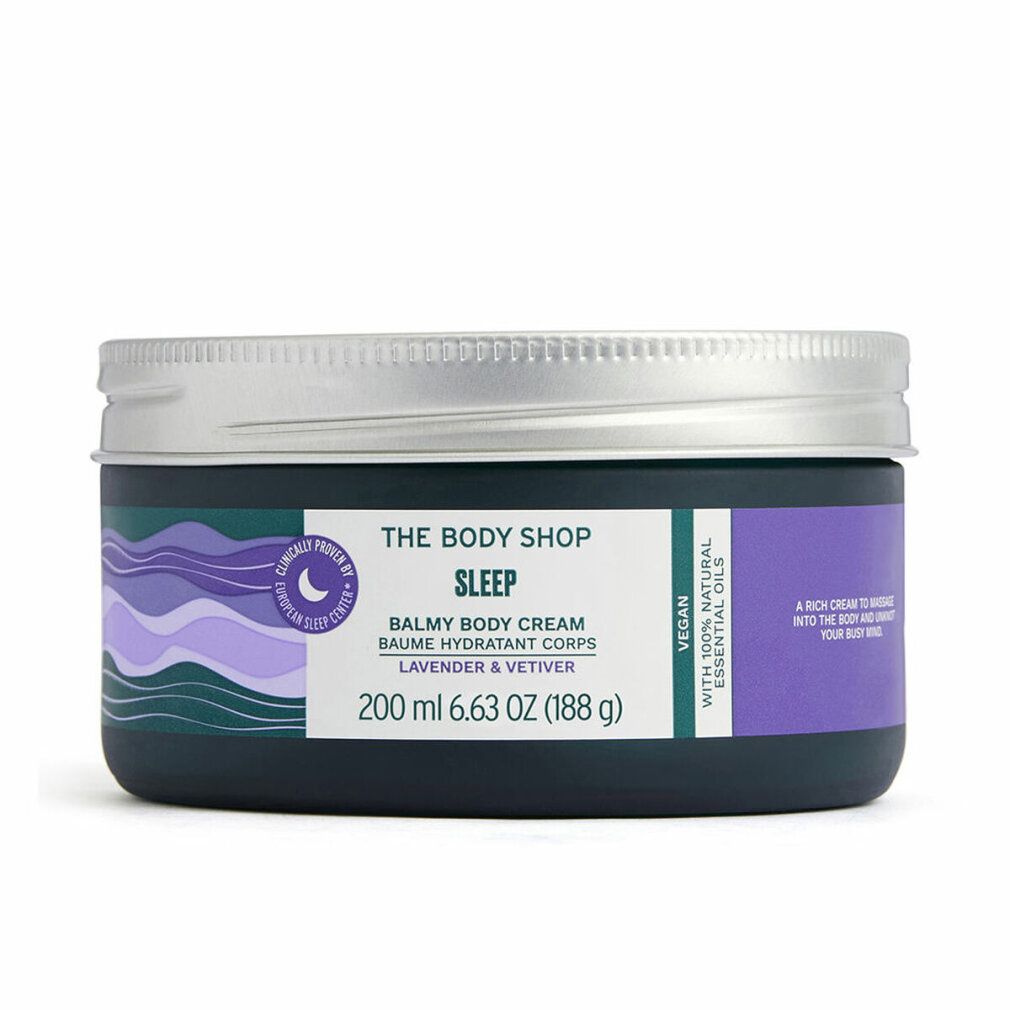 Vaso blu scuro con coperchio argentato. Scritta: Sleep, Balmy Body Cream, Lavender & Vetiver. 200 ml. Vegano.