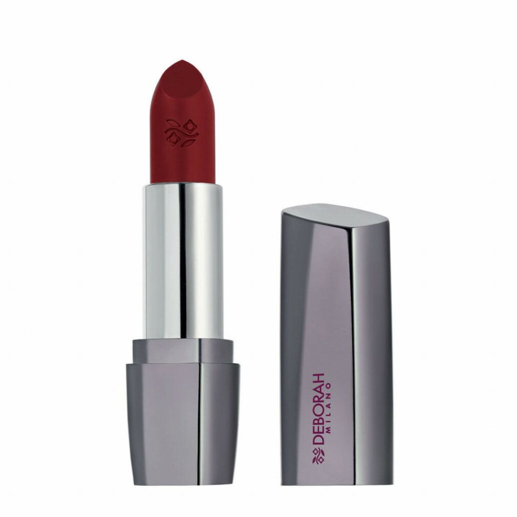 Rossetto aperto. Rossetto rosso, supporto argentato, cappuccio grigio con logo. Marchio: Deborah Milano.
