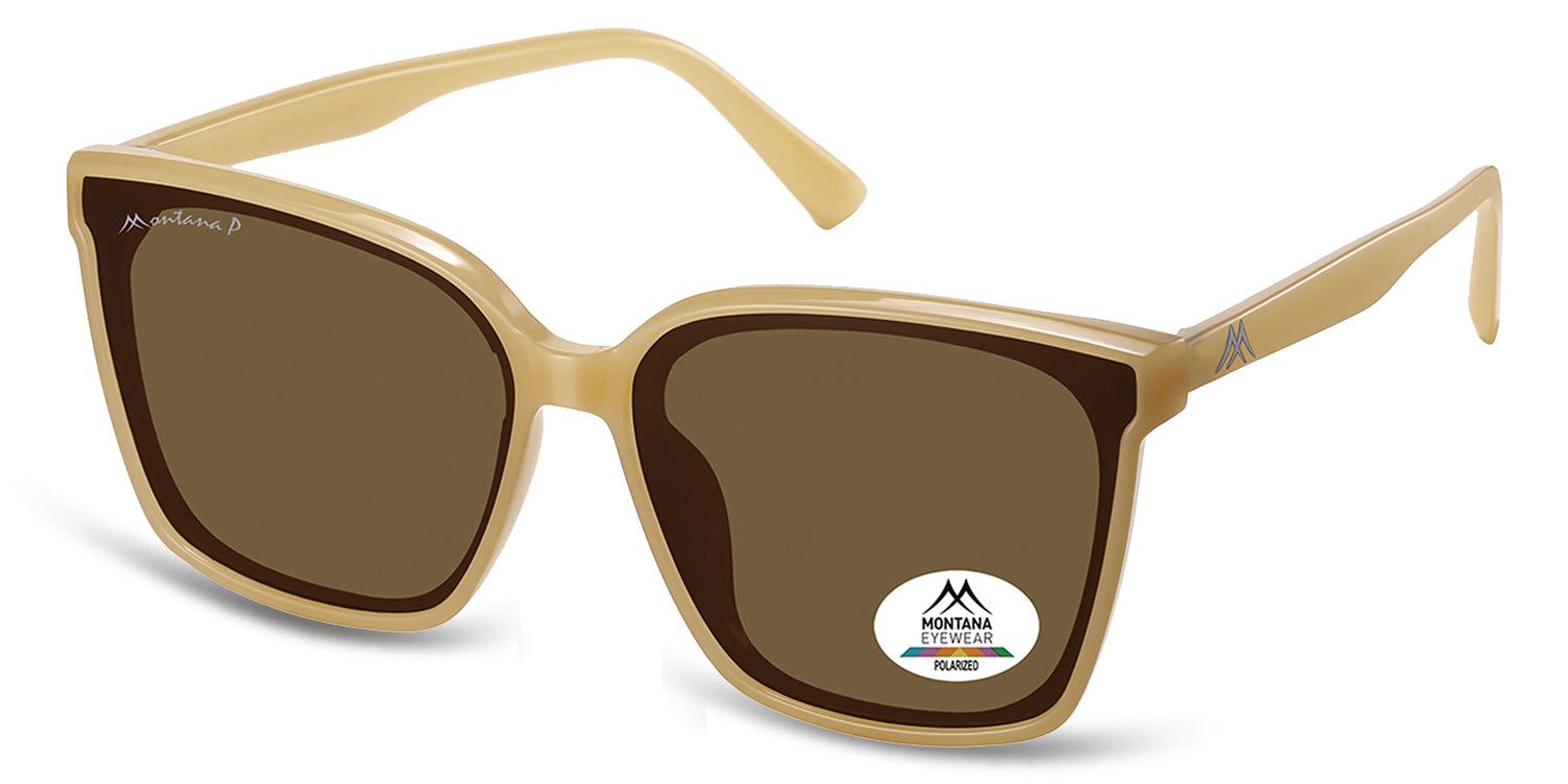 Occhiali da sole marroni e beige. Logo Montana Eyewear ed etichetta di polarizzazione.