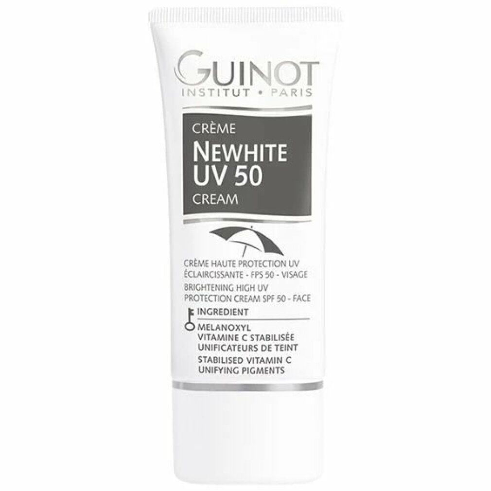 Tubo crema Newhite UV 50. Marchio Guinot. Contiene protezione solare. Tubo bianco con dettagli grigi.