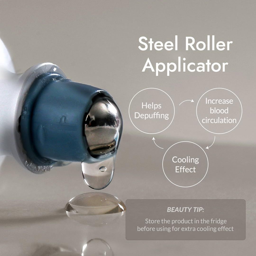 Primo piano dell'applicatore. Testo: Applicatore a rullo in acciaio. Aiuta a sgonfiare, aumenta la circolazione sanguigna, raffredda.