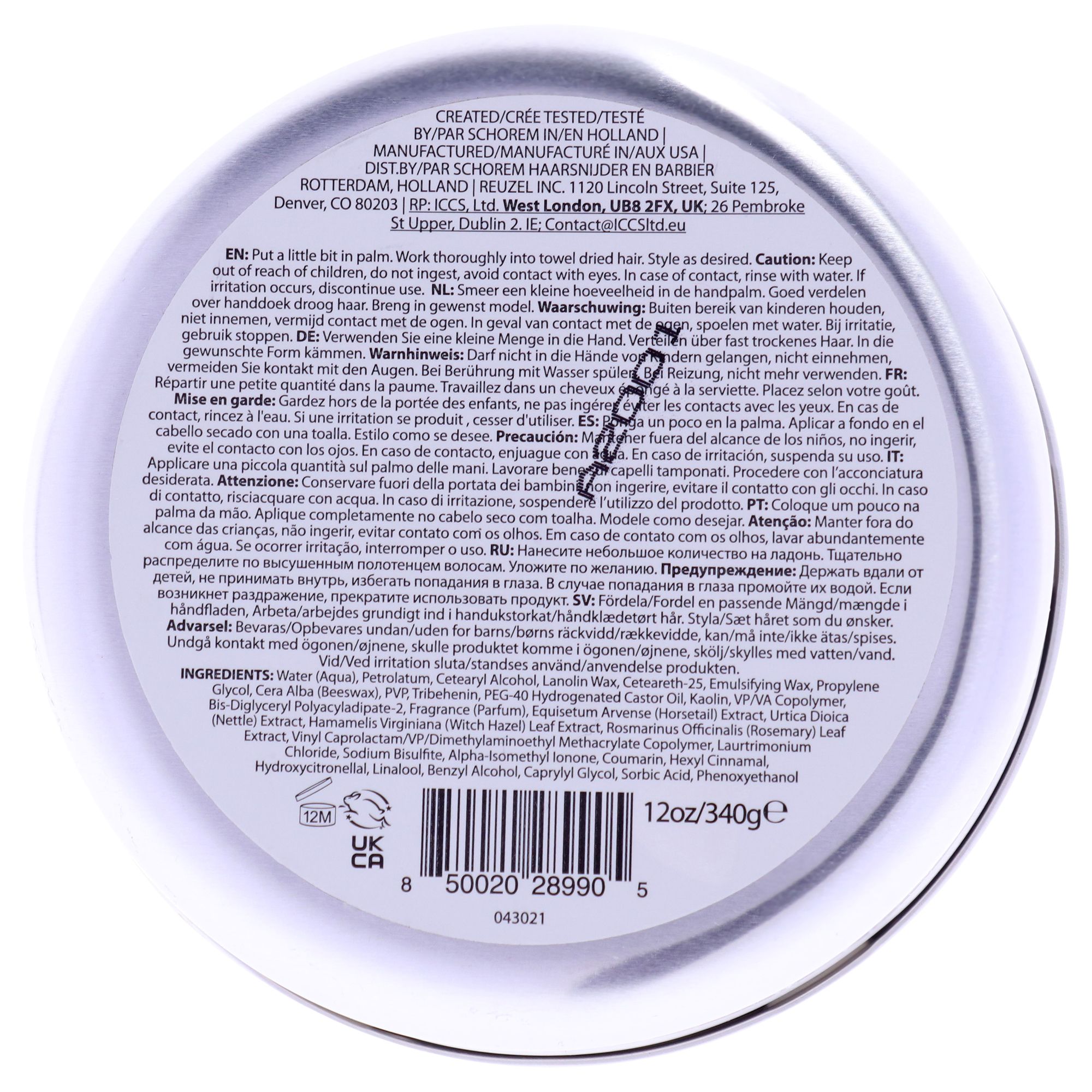 Retro di una lattina Reuzel Concrete Hold Matte Pomade 340g con ingredienti e istruzioni.