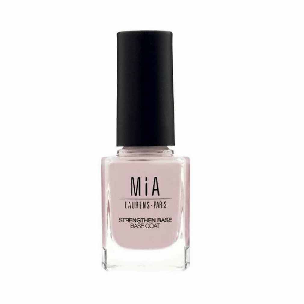 Flacone di smalto con tappo nero. Scritta: Mia, Laurens-Paris, Strengthen Base Base Coat. Contenuto rosa.