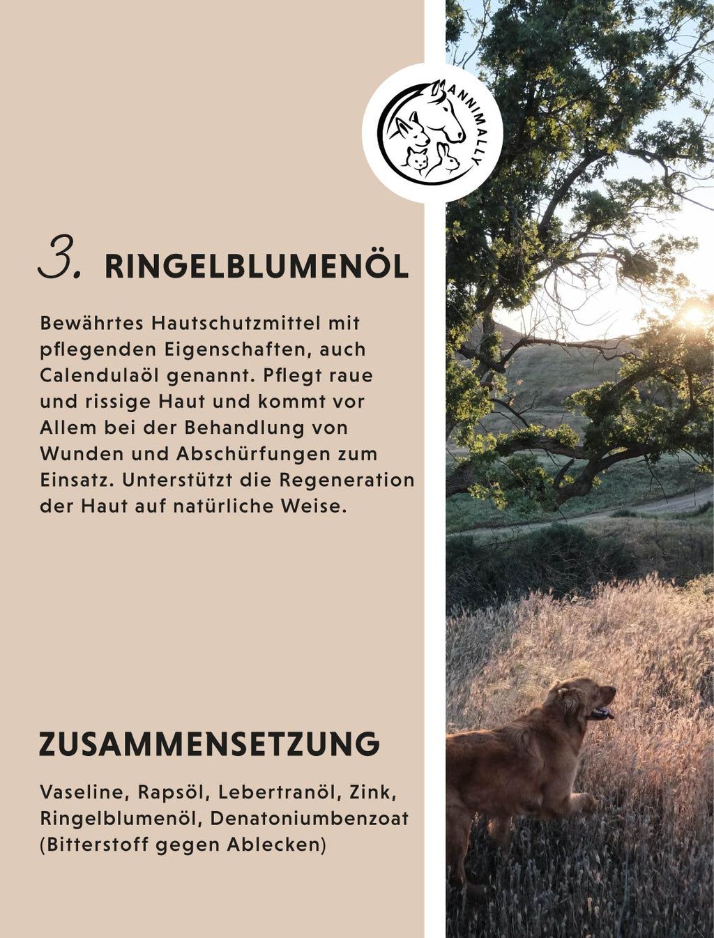 Testo con logo e cane. Testo: Olio di calendula, composizione: vaselina, olio di colza, olio di fegato di merluzzo, zinco, calendula, benzoato di denatonio.