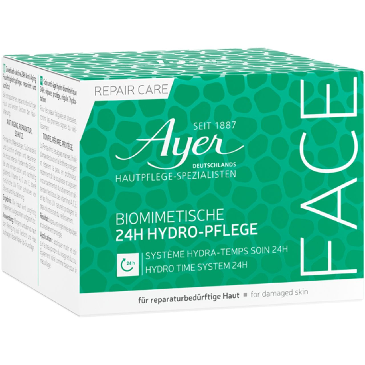 Scatola verde con testo bianco. Scritta: Ayer, 24h Hydro-Pflege. Cura del viso. Testo in tedesco e inglese.