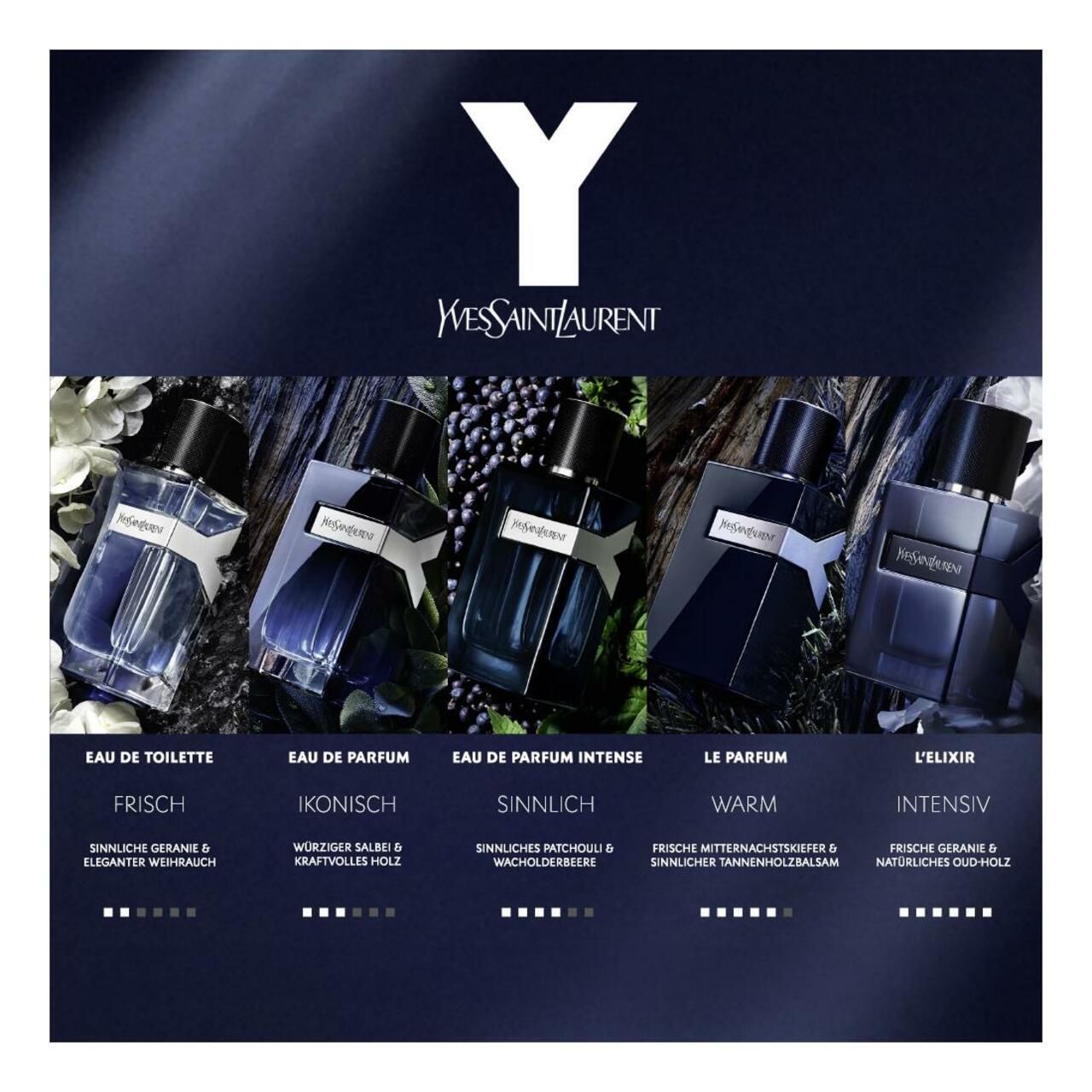Cinque flaconi. Diversi flaconi blu con tappo nero. Scritta: Yves Saint Laurent. Testo sottostante: Eau de Toilette, Parfum, ecc.