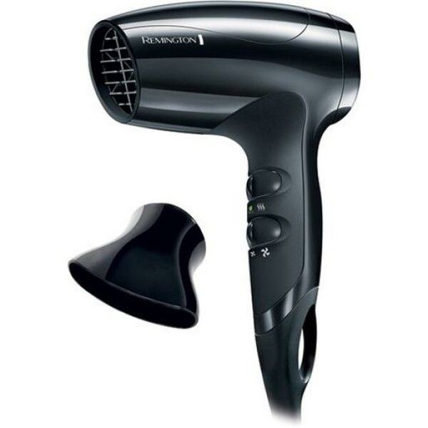 Asciugacapelli nero Remington con accessorio. Tre pulsanti sull'impugnatura. Ugello separato.
