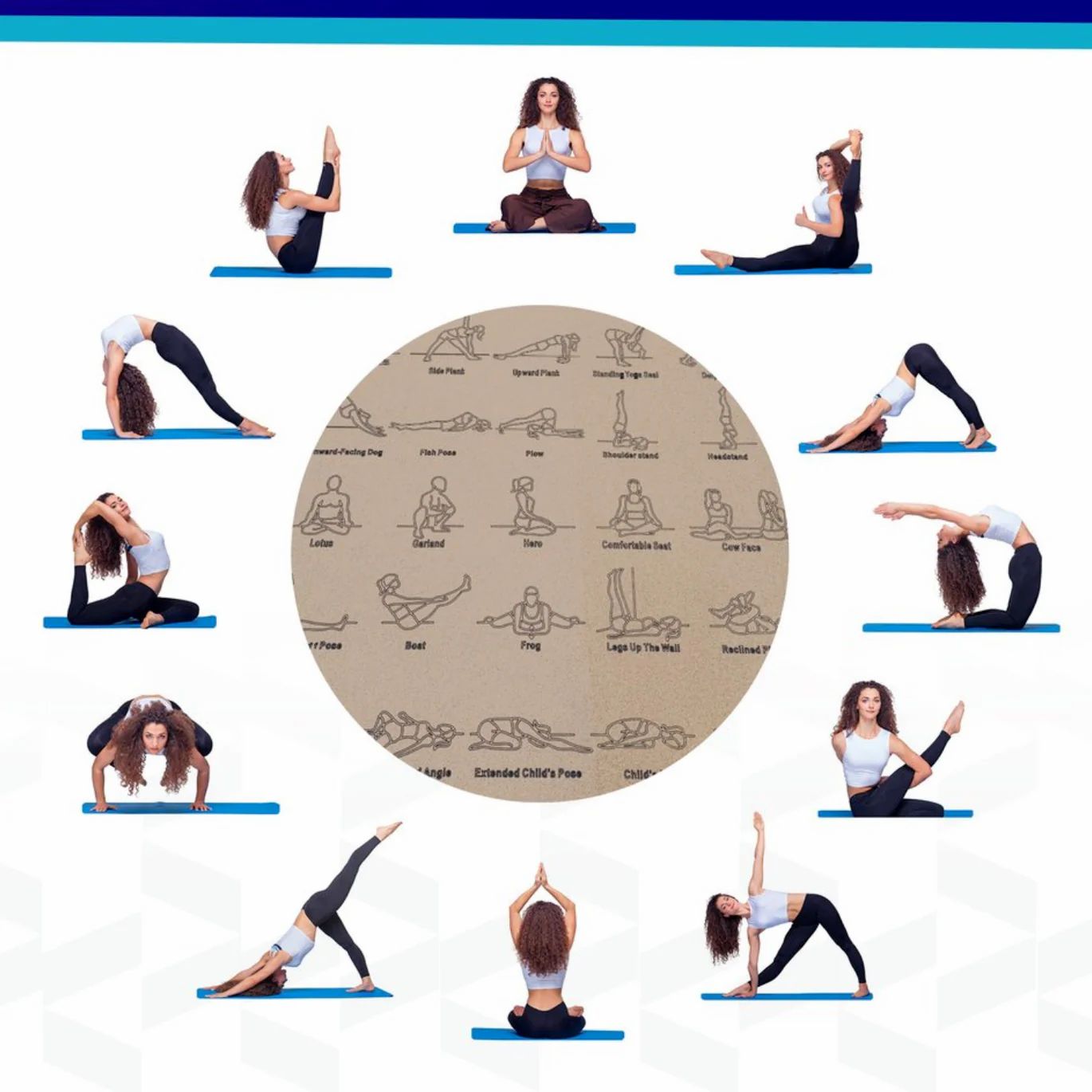 Donna che pratica yoga su tappetino blu. Posizioni yoga attorno a un cerchio con illustrazioni.