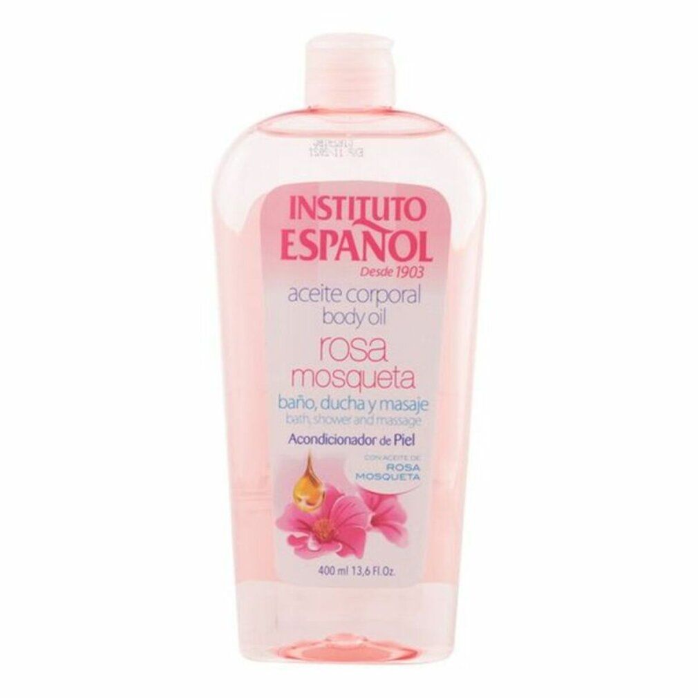 Olio corpo Rosa Mosqueta di Instituto Español. Flacone trasparente con etichetta rosa. Testo: Aceite corporal, baño ducha y masaje.