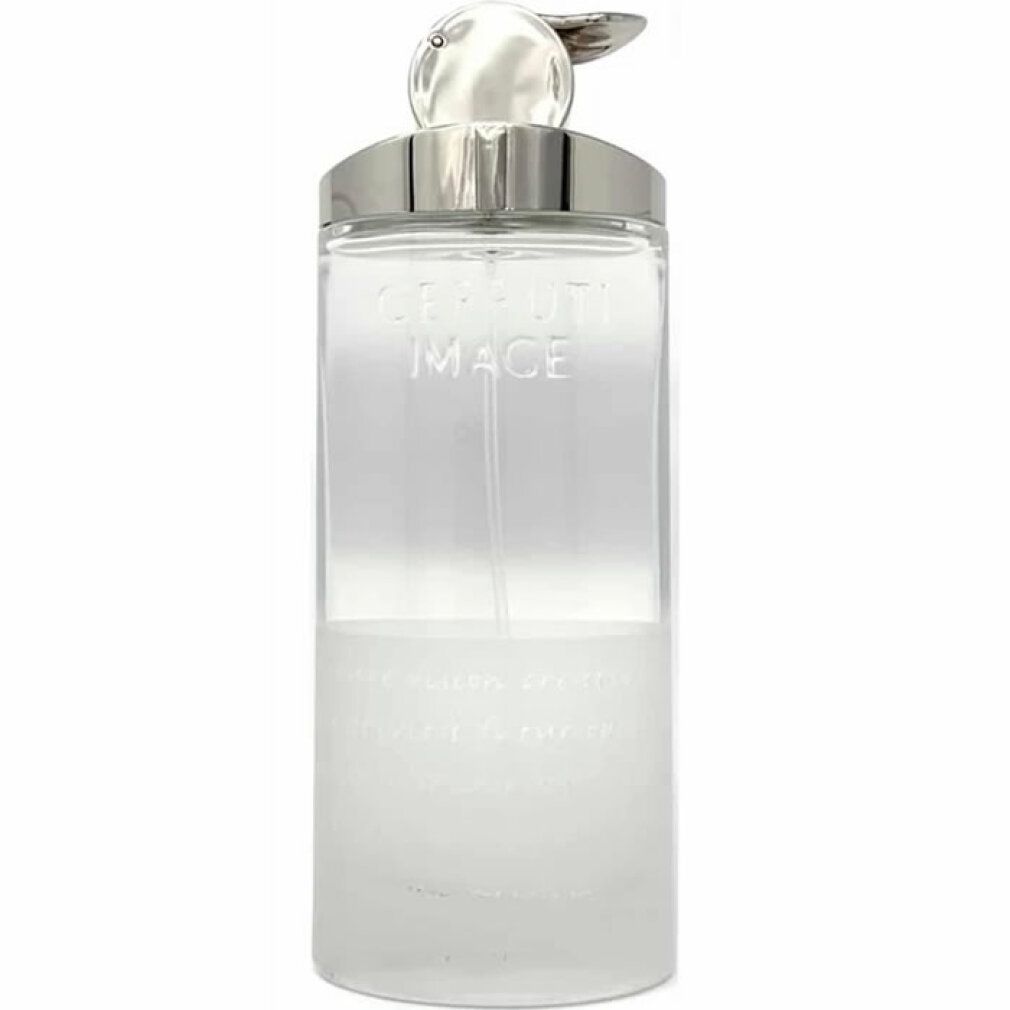 Cerruti Image Eau de Toilette Spray. Flacone trasparente con tappo argentato. Nome del prodotto sul flacone. Liquido bianco nella parte inferiore.