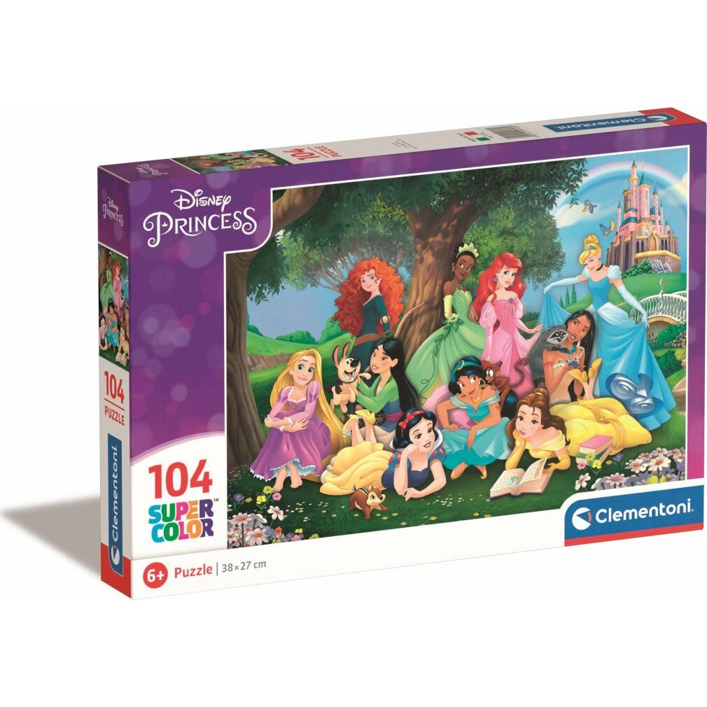 Puzzle Clementoni Disney Princess. Confezione con motivo puzzle. 104 pezzi, 38x27 cm. Consigliato 6+.