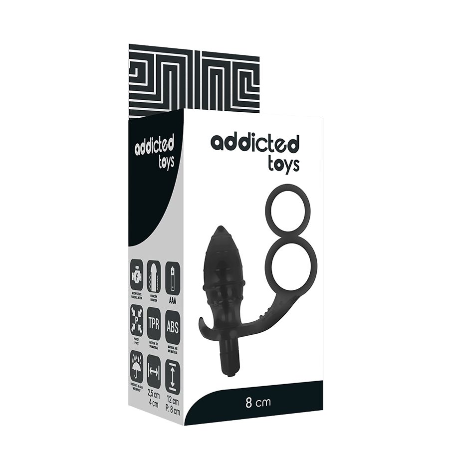 Confezione Addicted Toys. Contiene un plug anale nero con doppio anello per il pene. Lunghezza 8 cm.