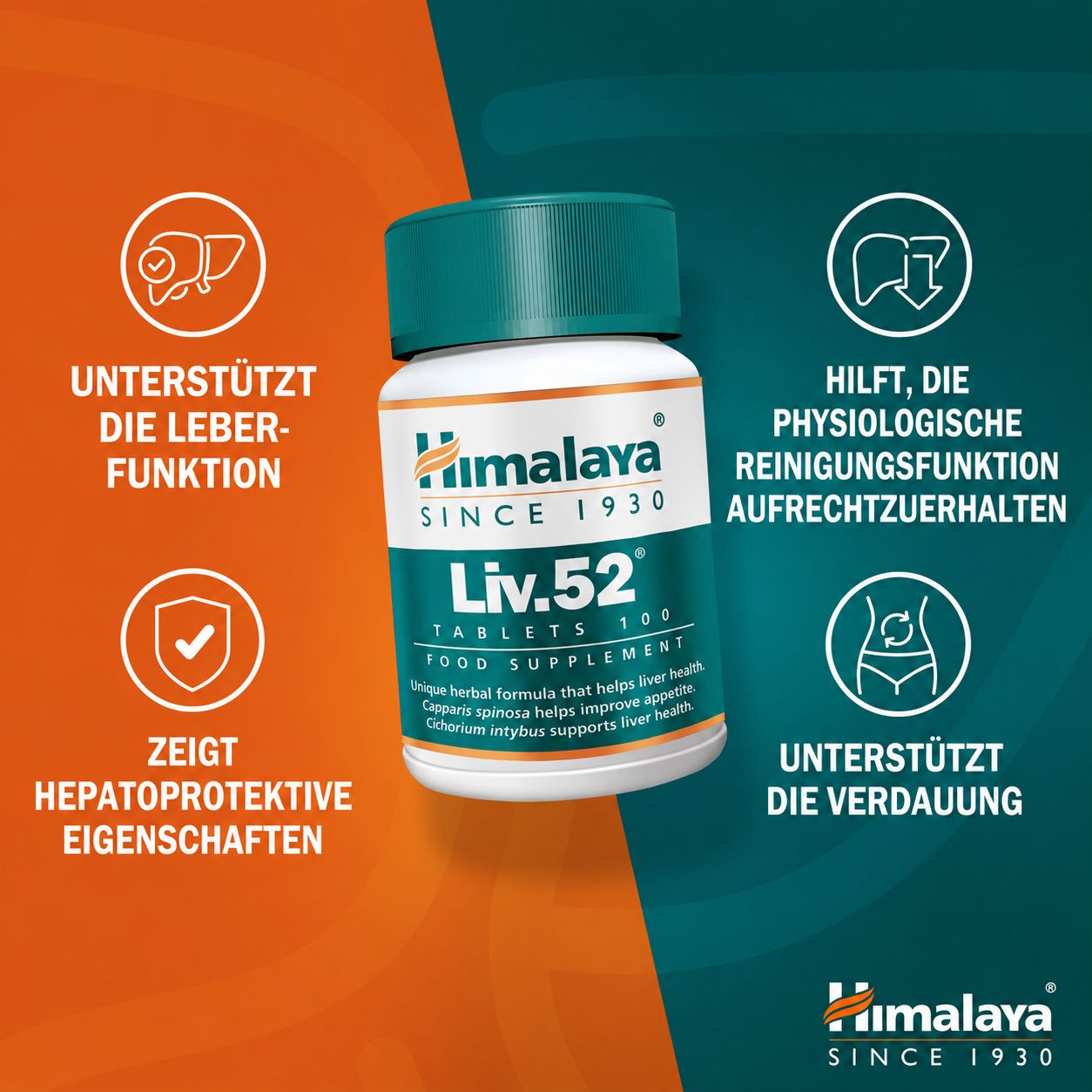 Himalaya Liv.52 Compresse: flacone con icone per funzione epatica, digestione e protezione.