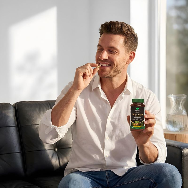 Un uomo assume una capsula, tenendo una bottiglia di Nature's Finest TestoPRO Extreme.