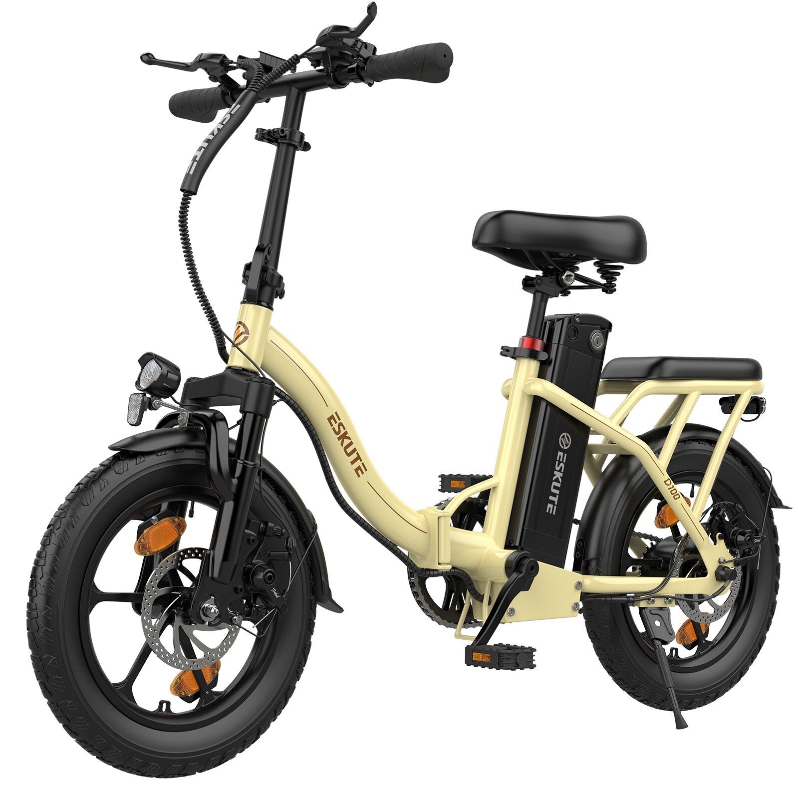 Bicicletta elettrica pieghevole beige. Pneumatici, sella e manubrio neri. Marchio ESKUTE.