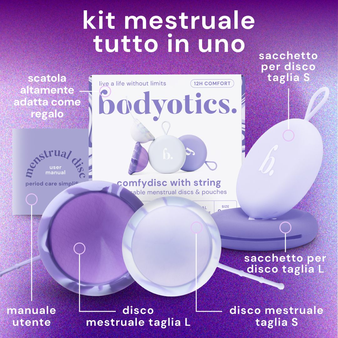 Istruzioni per l'inserimento di un disco mestruale viola.